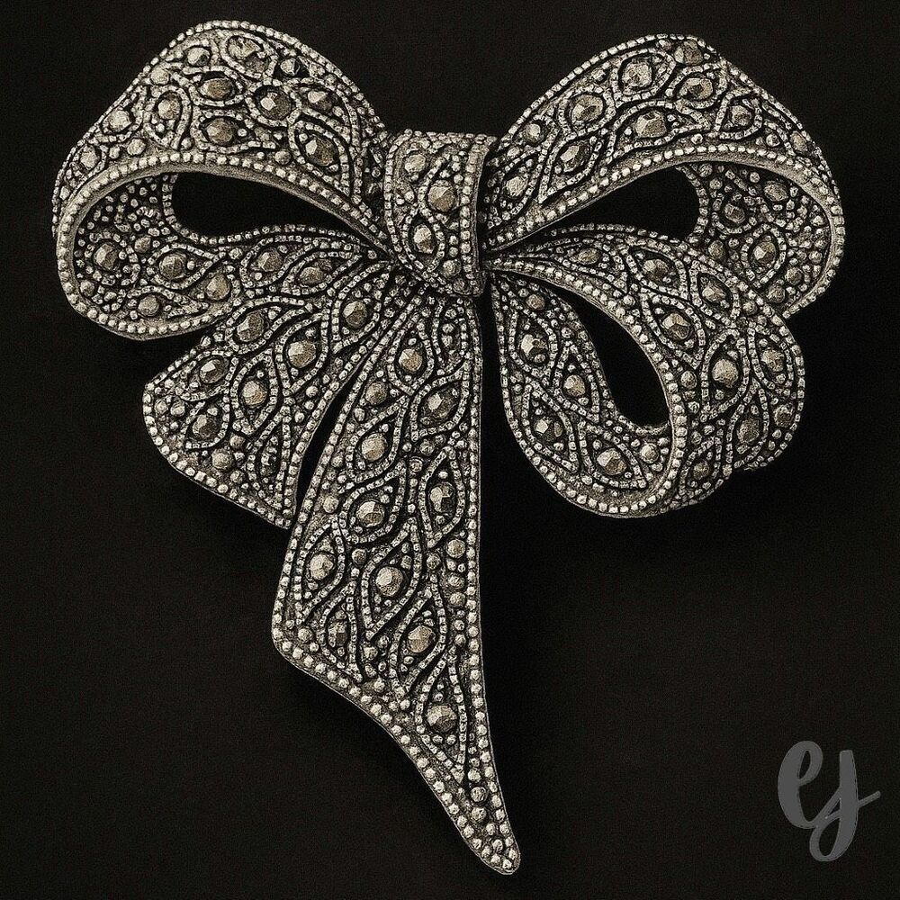 Bow Brooch – Marcasite Style in Silver Tone Openwork Setting with Grey Stones